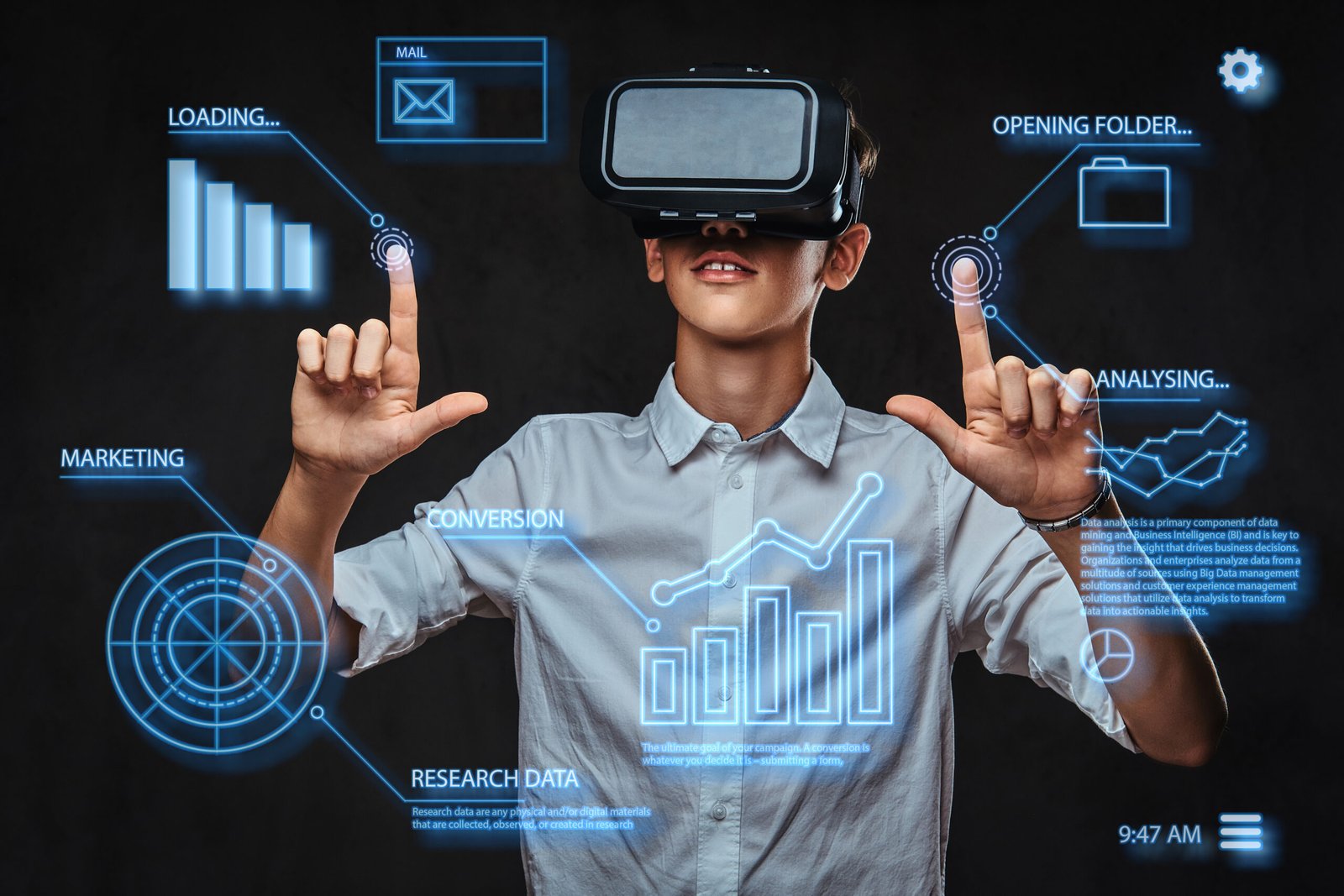 Teenager using virtual reality glasses with graph charts, numbers, lines.